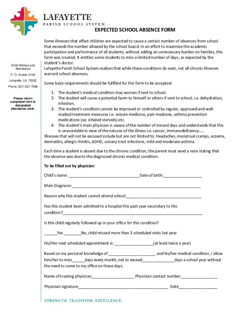 Expected School Absence Form Preview on Page 1
