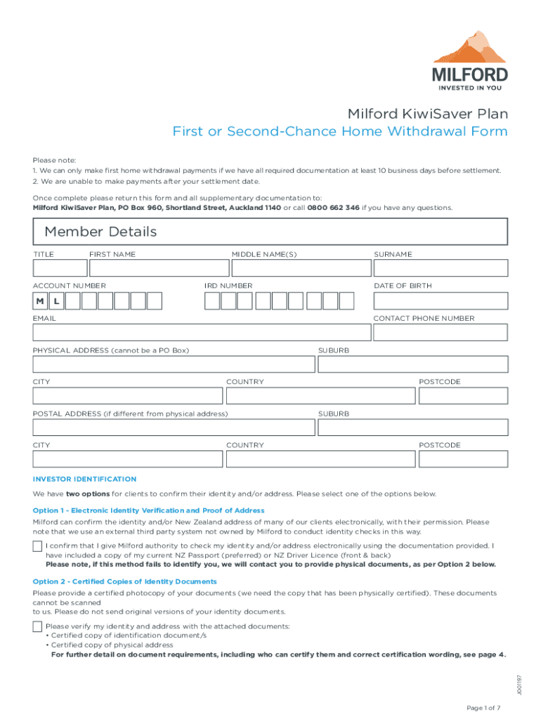 Fillable Online Milford KiwiSaver Plan First Home Withdrawal Form
