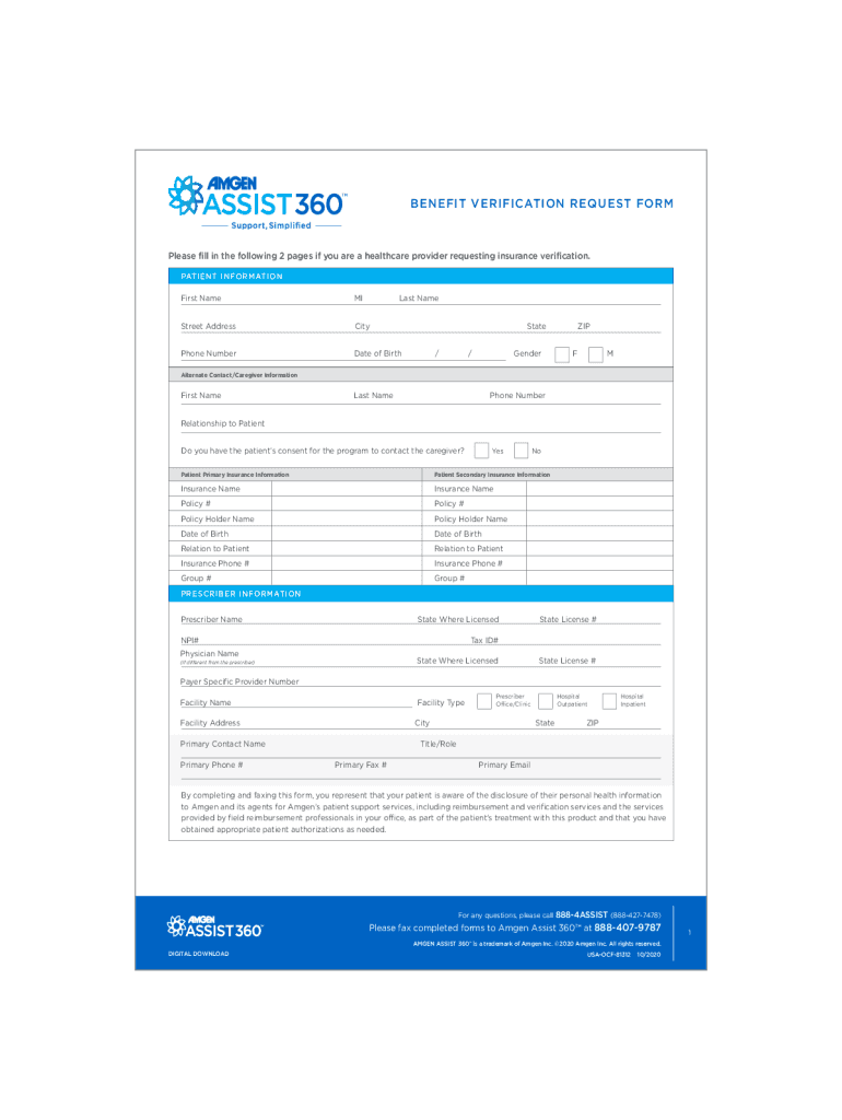 Fillable Online BENEFIT VERIFICATION REQUEST FORM - Amgen Assist 360 ...
