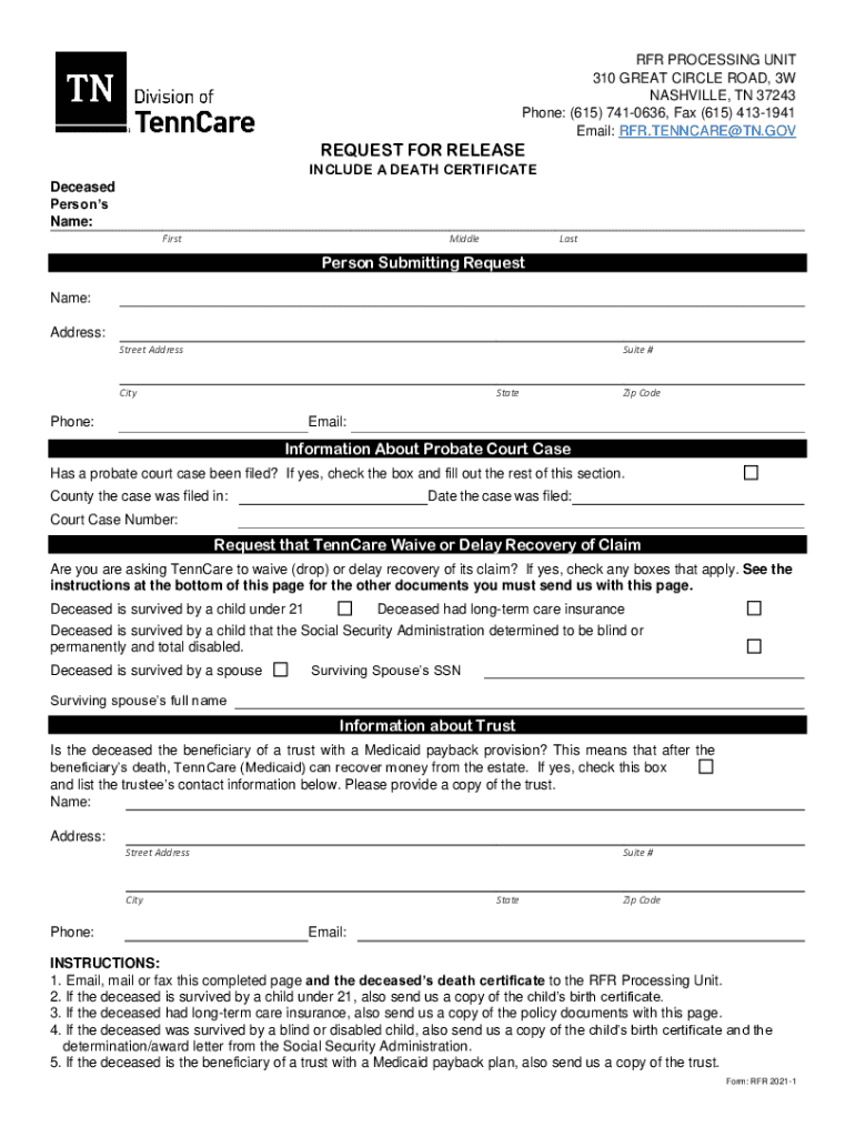 Fillable Online tenncare release formREQUEST FOR RELEASE INCLUDE A ...