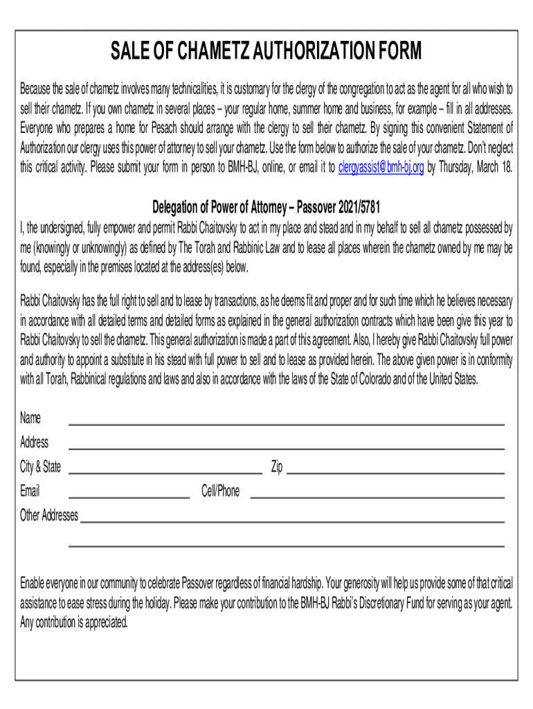 Fillable Online SALE OF CHAMETZ AUTHORIZATION FORM Fax Email Print ...