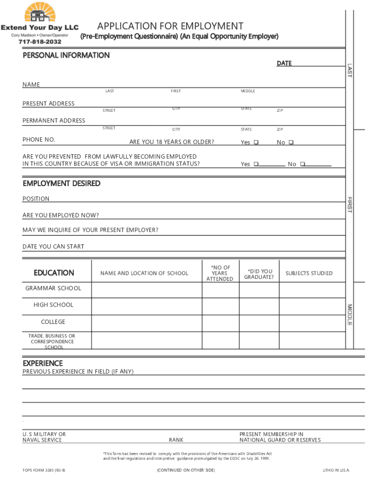 Pre-Employment Questionnaire An Equal Opportunity Employer Preview on Page 1