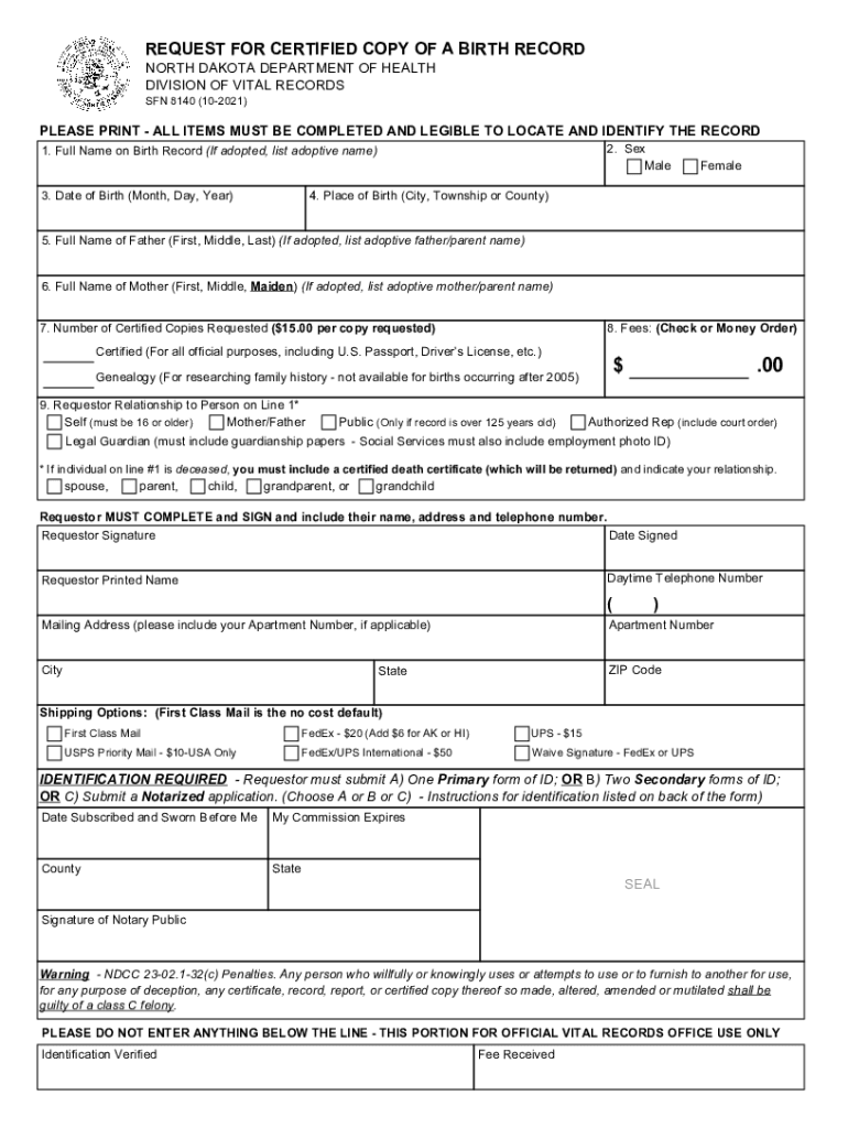 Form SFN8140 "Request for Certified Copy of a Birth Record ... Preview on Page 1