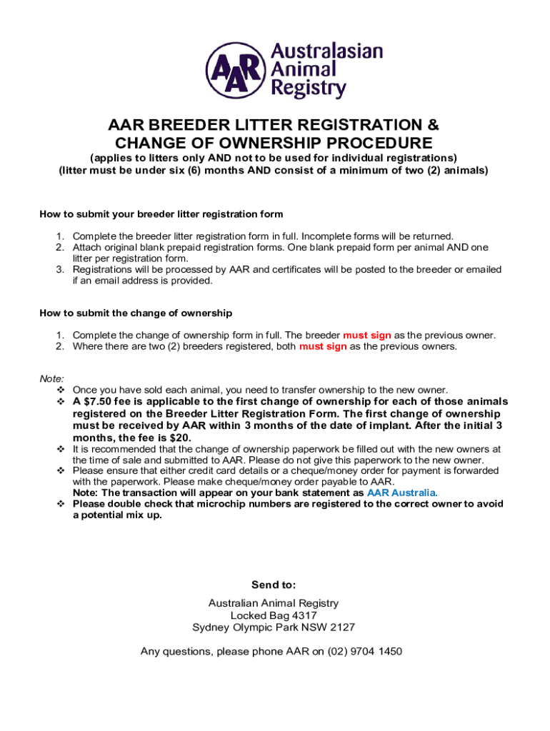 breeder litter registration form Preview on Page 1