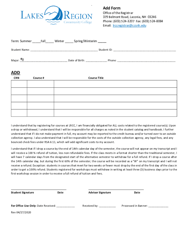 Fillable Online Fillable DROP Office of the Registrar 379 Belmont Road Fax Email Print