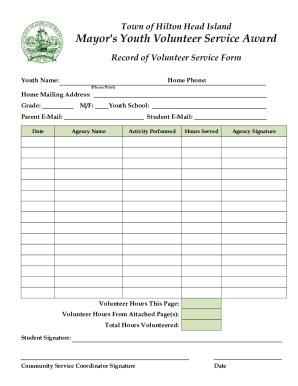Mayor's Youth Volunteer Service Award Record of Service Form. Mayor's Youth Volunteer Service Award Record of Service Form