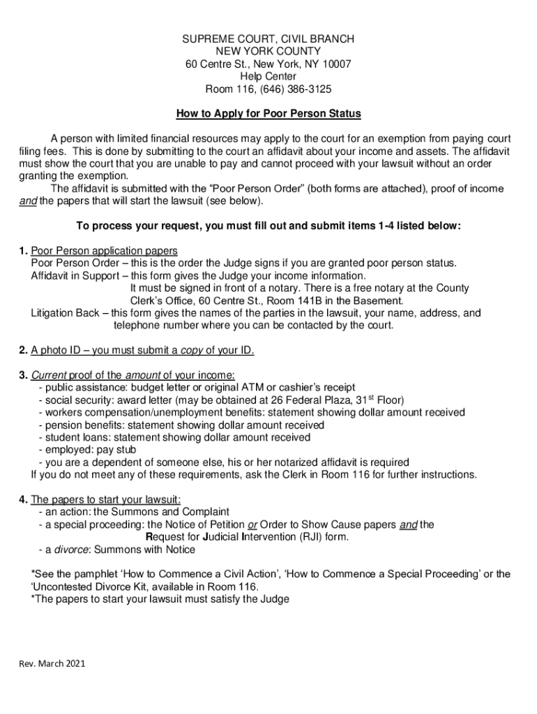 Fillable Online How To Apply For Poor Person Judiciary Of New