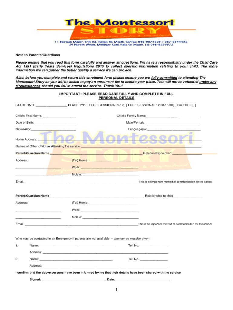 Fillable Online The Montessori Story - Enrolment Form Fax Email Print ...
