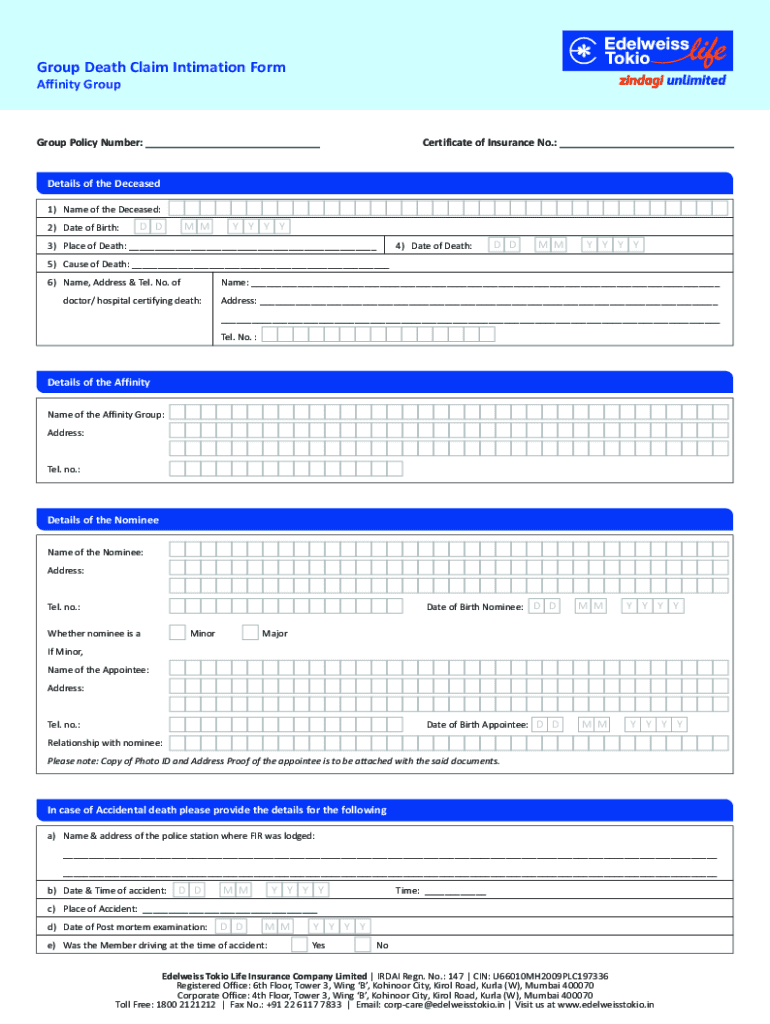 Fillable Online Group Death Claim Intimation FORM for Affinity Group