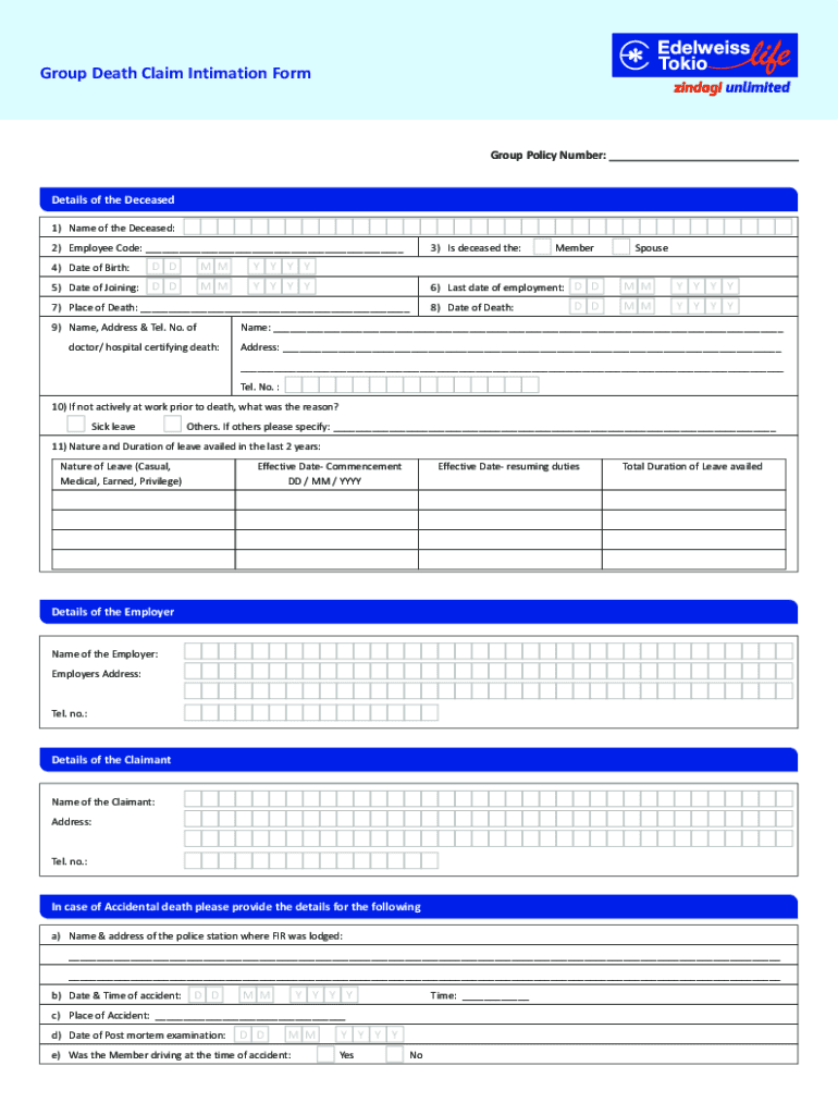 Fillable Online Death Claim Form TATA AIA Life Insurance Fax Email