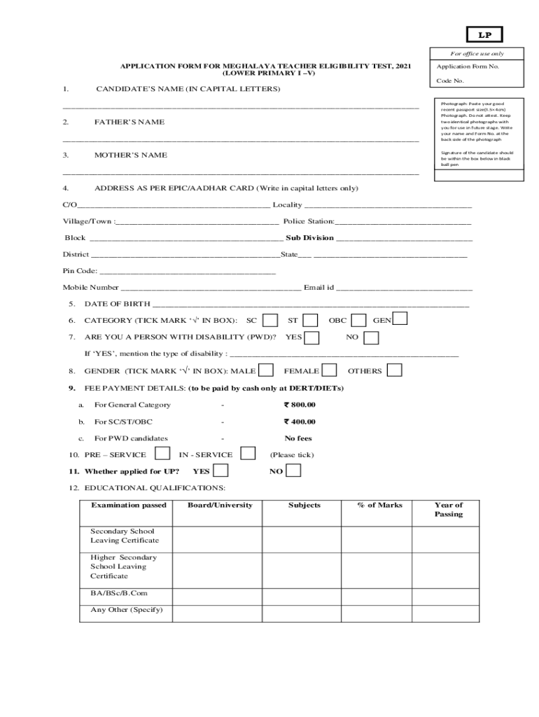 Fillable Online megeducation gov APPLICATION FORM FOR MEGHALAYA TEACHER