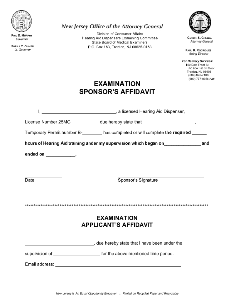 Fillable Online HearingAidDispensersSponsorExaminationAffidavit