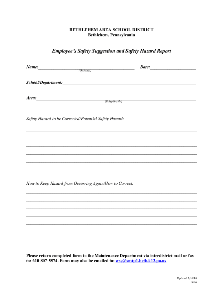 Fillable Online Employee's Safety Suggestion Form Fax Email Print pdfFiller
