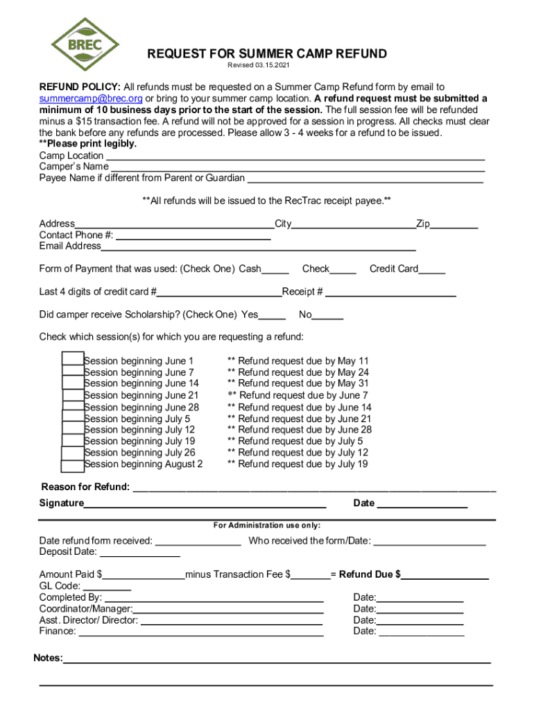 Fillable Online Get the free Boy Scout Summer Camp Refund Request Form Fax Email Print