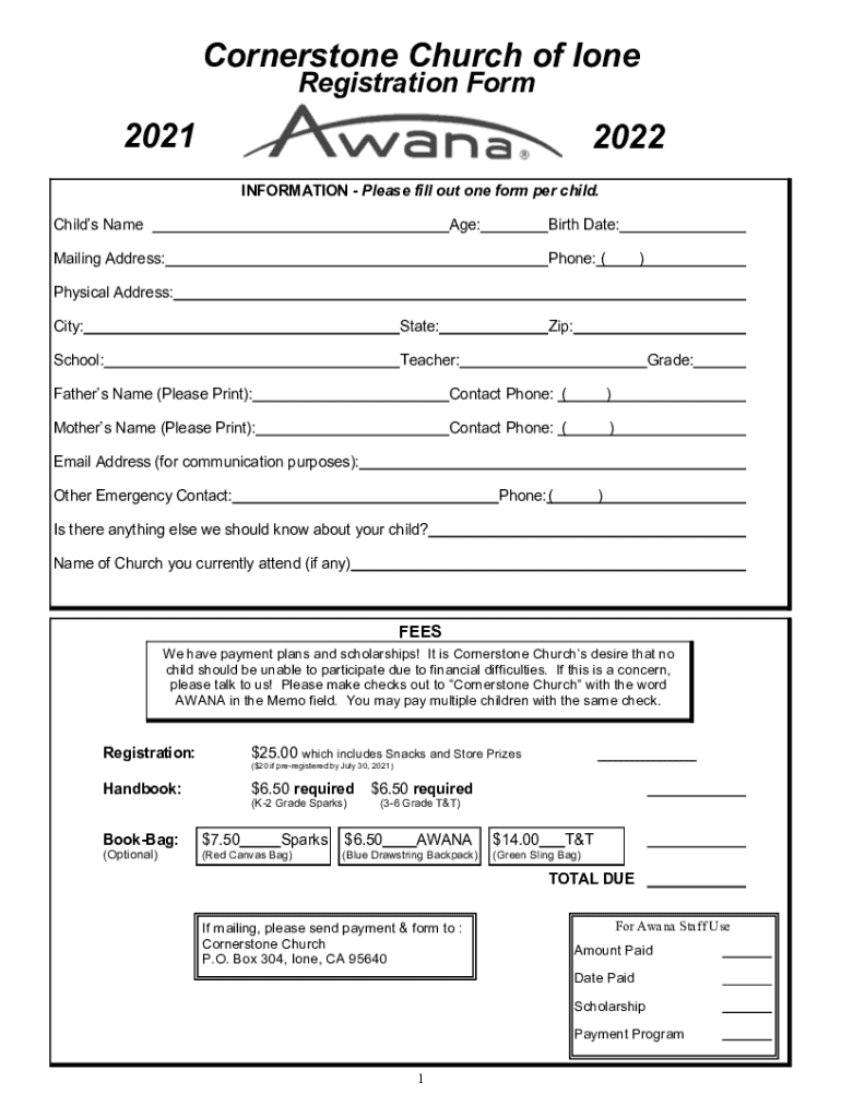 Fillable Online Cornerstone Church of Ione Registration Form Fax Email