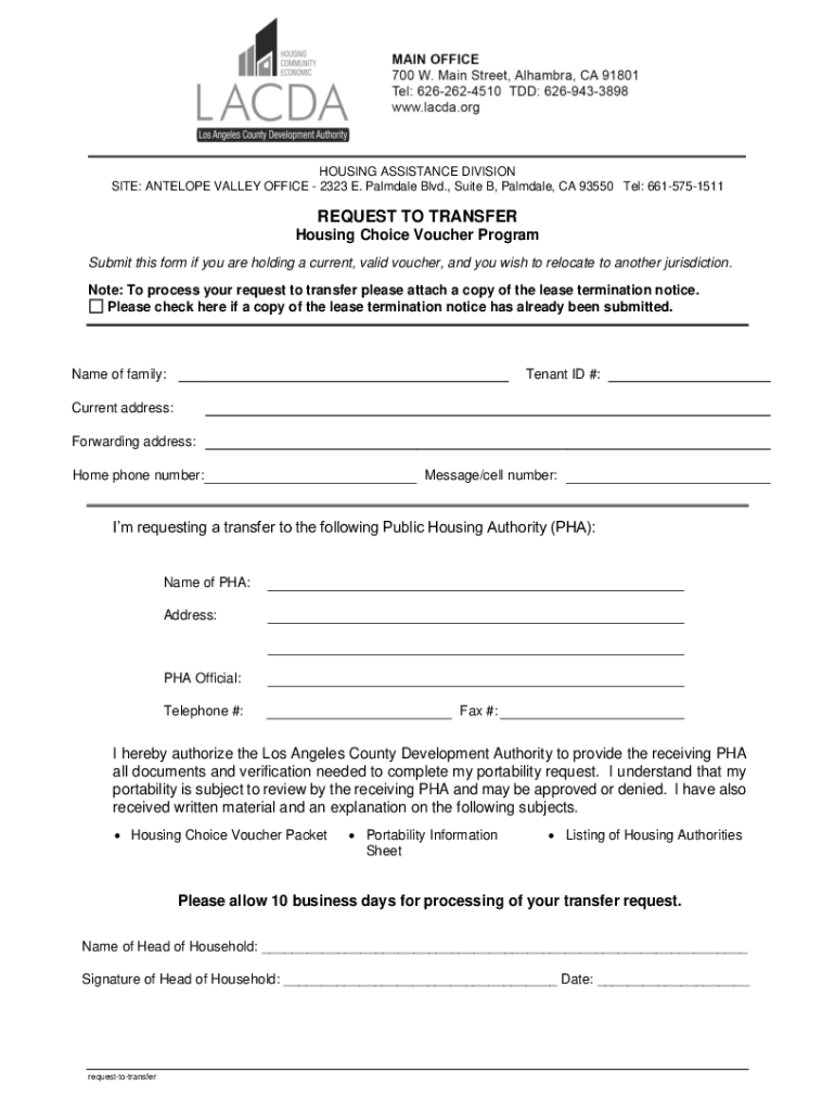 Fillable Online REQUEST TO TRANSFER Housing Choice Voucher Program