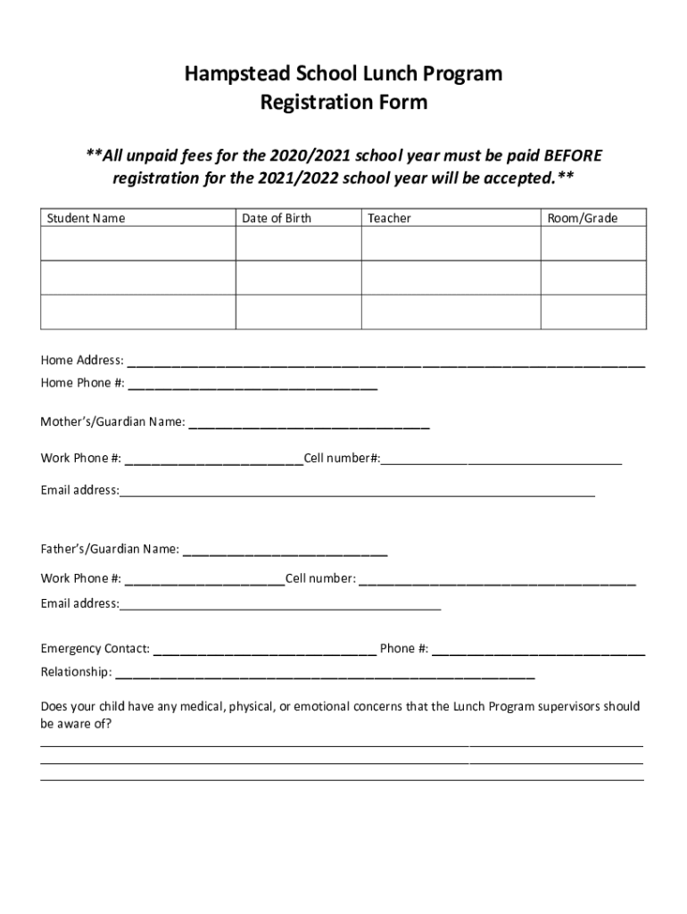 Fillable Online Hampstead School Lunch Program Registration Form Fax