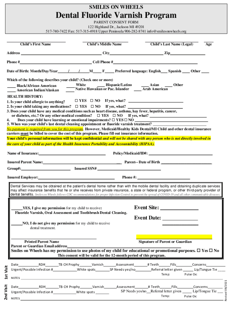 Fillable Online PARENT CONSENT FORM Dental Fluoride Varnish Program Fax