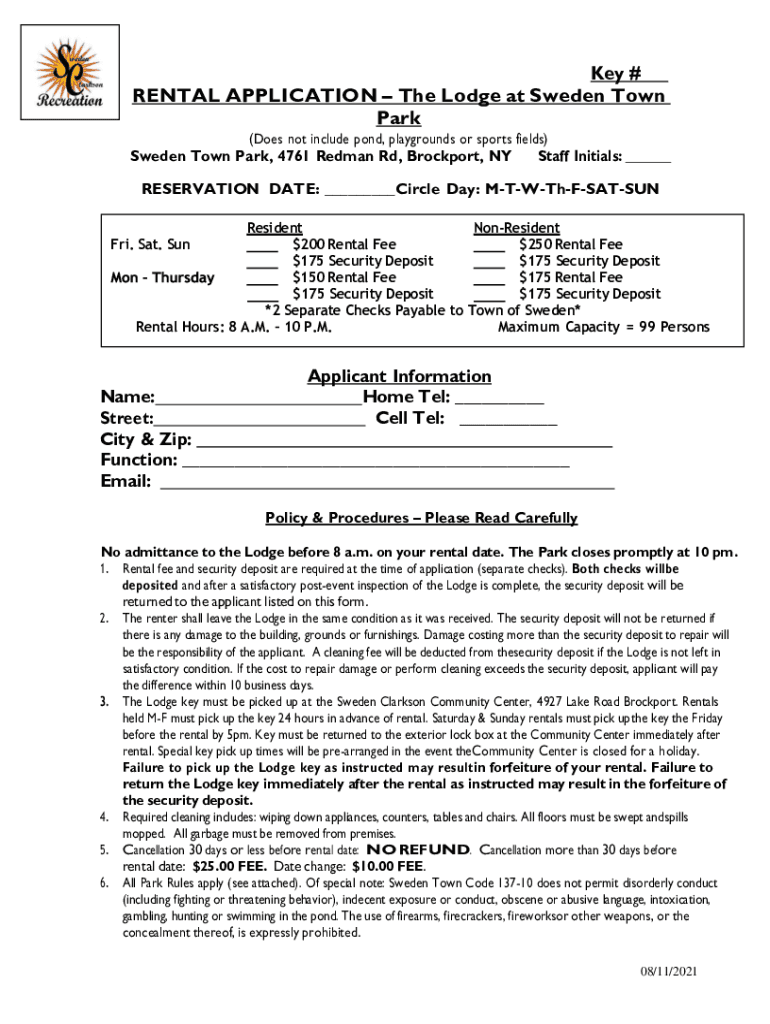 Fillable Online Key RENTAL APPLICATION The Lodge at Sweden Town Park