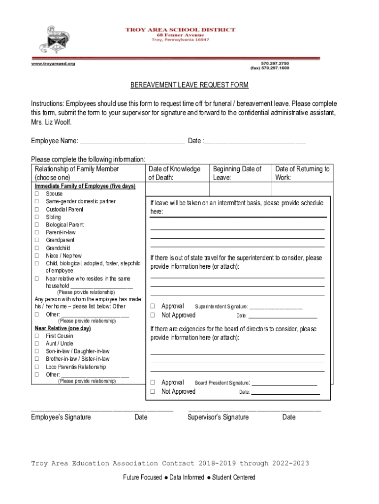 Fillable Online BEREAVEMENT LEAVE REQUEST FORM Fax