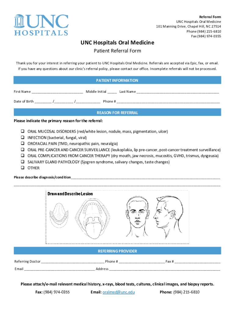 Fillable Online PDF Referral Form UNC Hospitals Dental Clinic 101