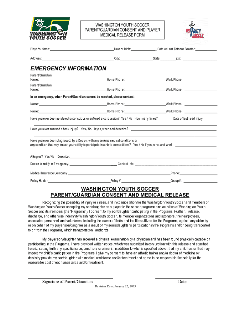 washington youth soccer medical release form Preview on Page 1