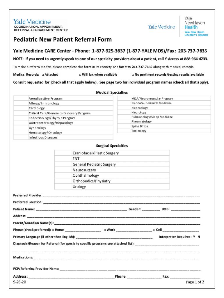Fillable Online Details for Yale Pediatric Referral Form and Related