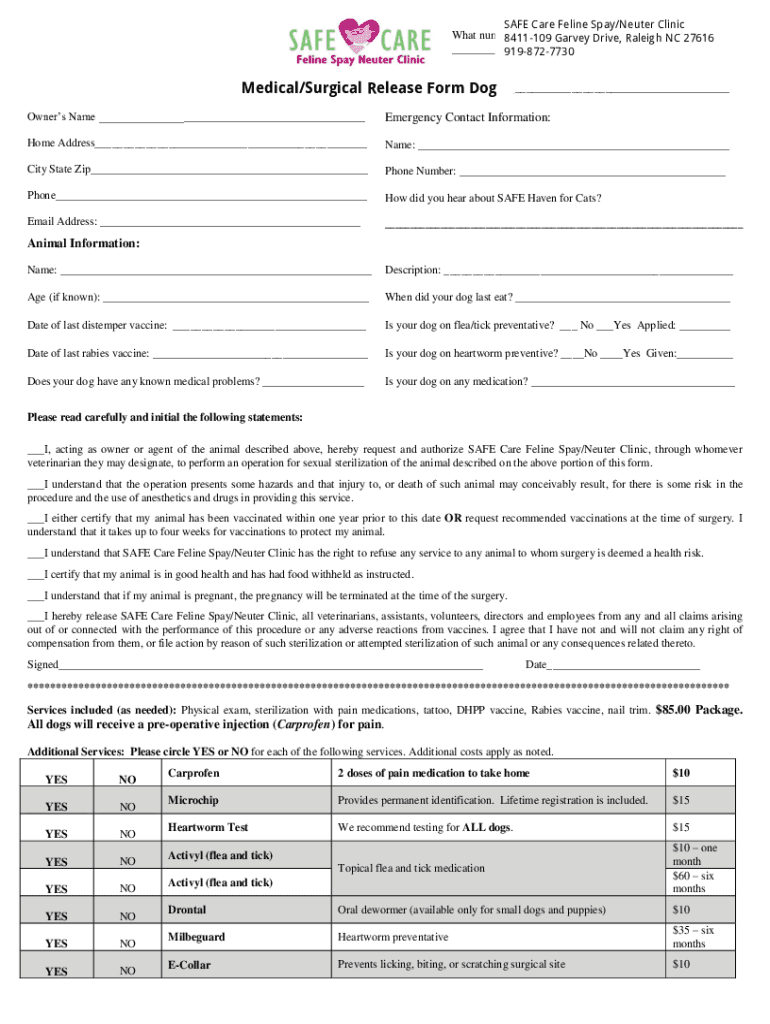 Fillable Online SAFE Care Feline Spay/Neuter Clinic Fax Email Print