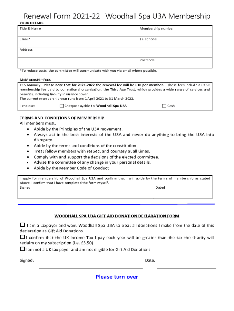 Fillable Online Woodhall Spa U3A Membership Renewal Fax Email Print pdfFiller