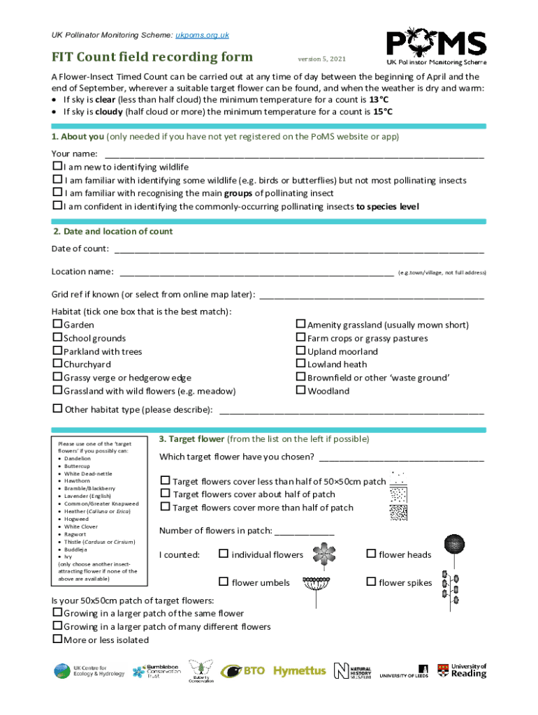 Fillable Online FIT Count field recording form Count...FIT Count field ...
