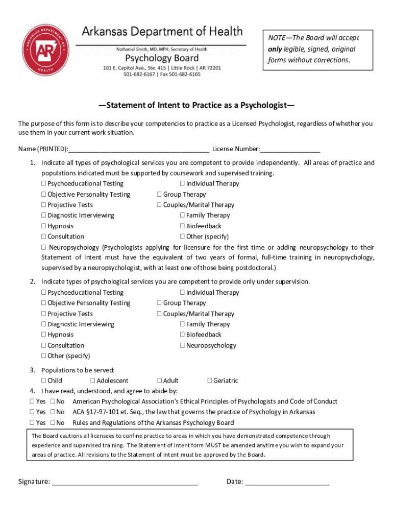 Fillable Online psychologyboard arkansas Statement of Intent to