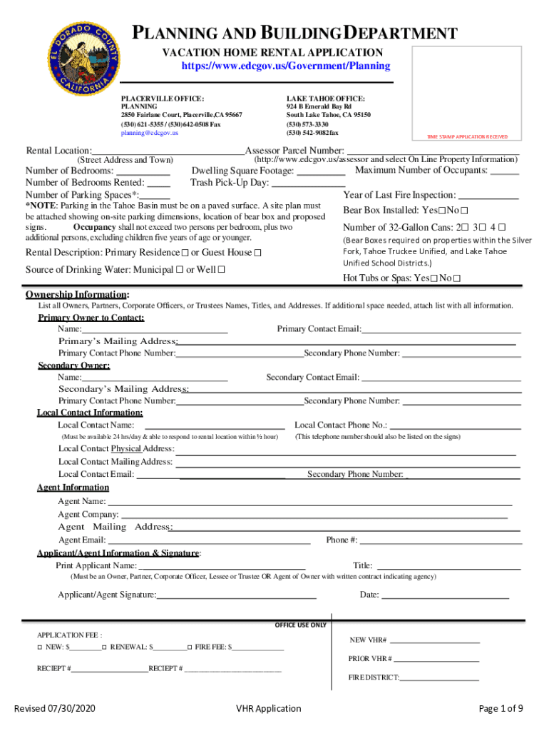 Fillable Online Vacation Home Rental Permit Home El Dorado County