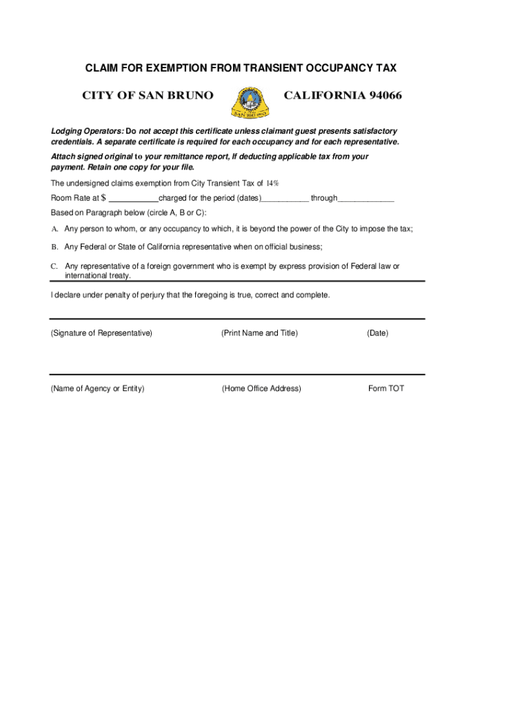 CA Claim For Exemption From Transient Occupancy Tax - City Preview on Page 1