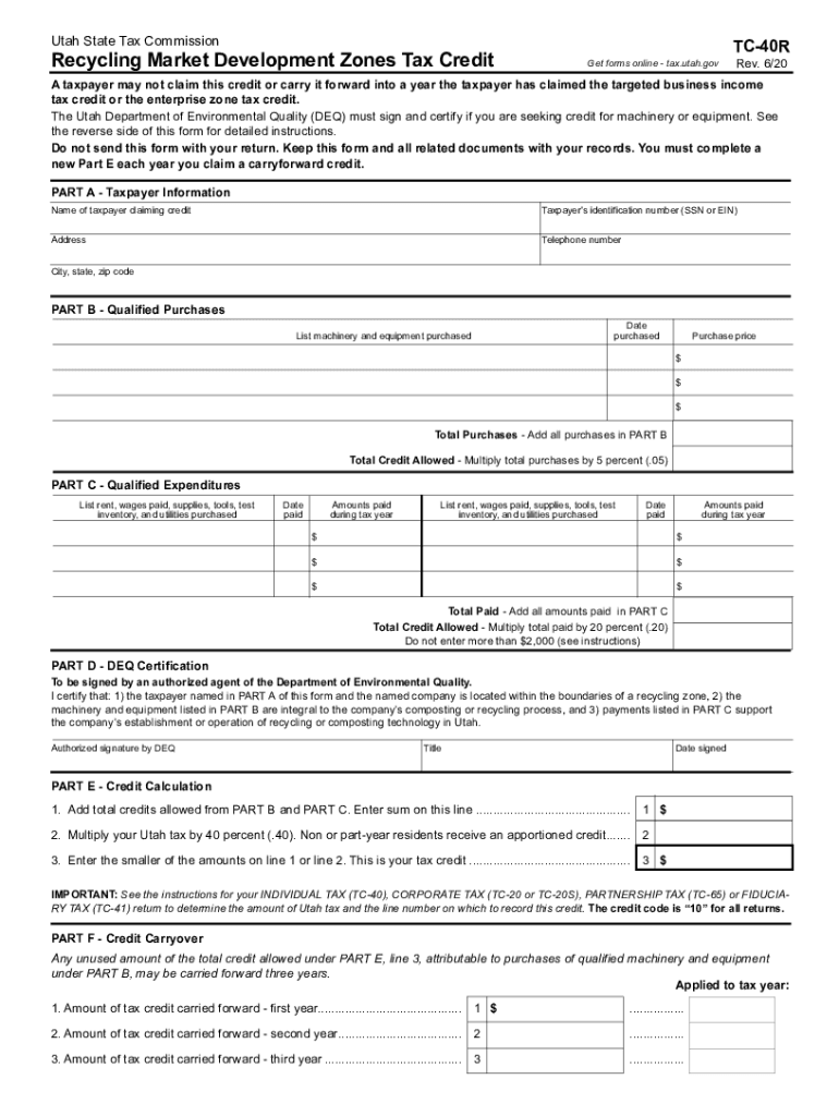 Form Tc-40r - Recycling Market Development Zones Tax Credit Preview on Page 1