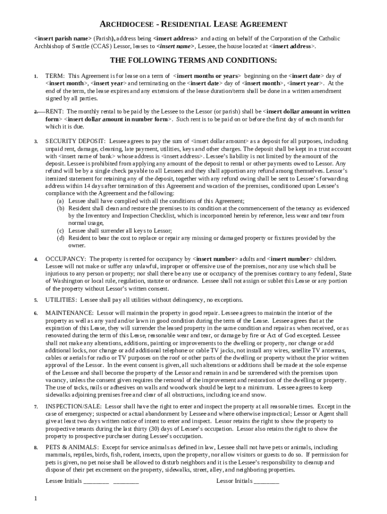 RESIDENTIAL LEASE AGREEMENT Archdiocese of Seattle Doc Template pdfFiller