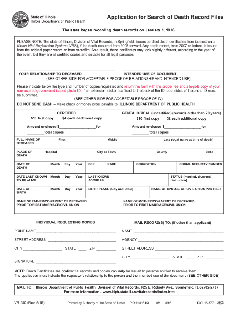 Fillable Online Request Death Certificate Illinois Fax Email Print