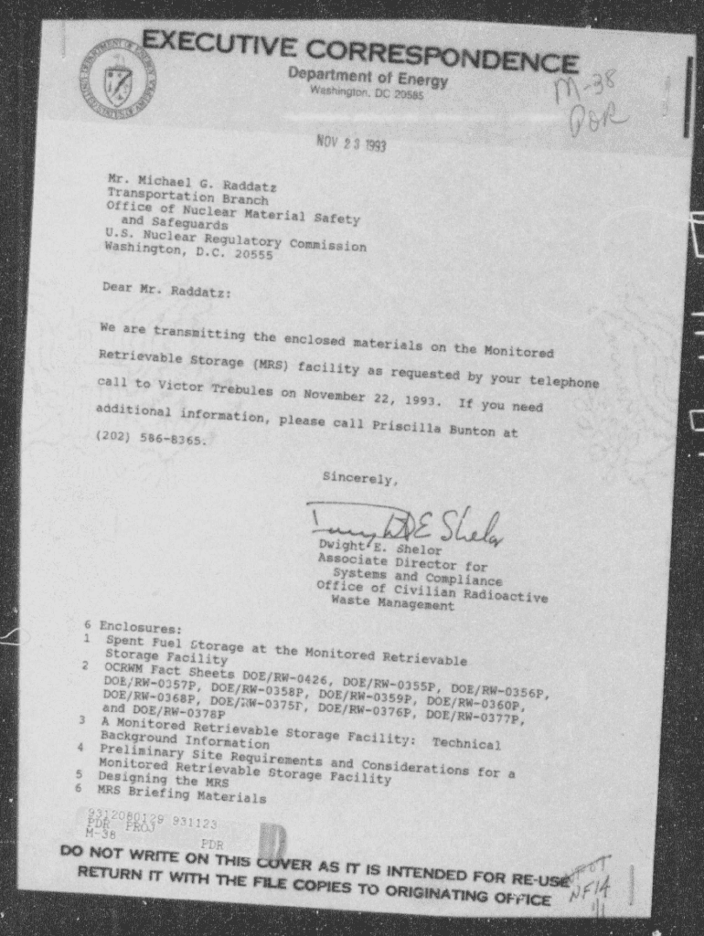 Fillable Online Forwards matls on monitored retrievable storage