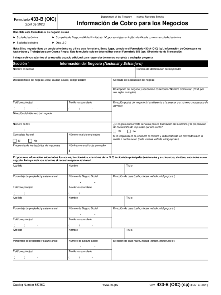 Form433-B (OIC) (sp) (Rev 4-2021) Collection Information Statement for Businesses (Spanish Version) Preview on Page 1