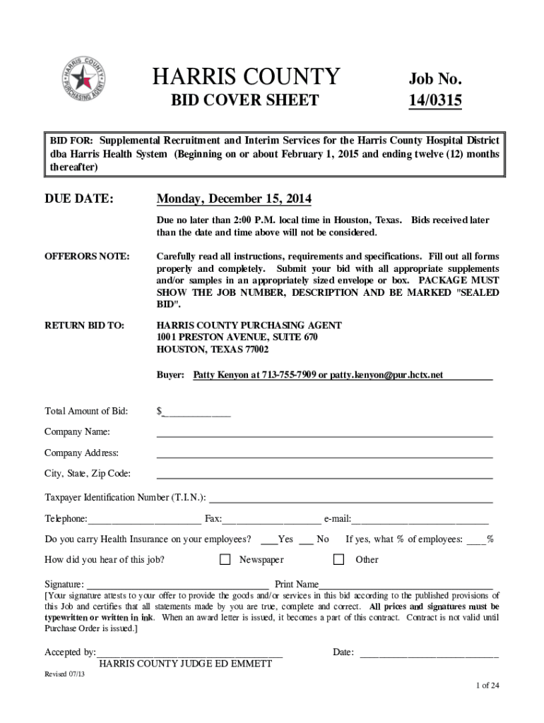Fillable Online HARRIS COUNTY Job No. COMPETITIVE SEALED PROPOSAL COVER ...