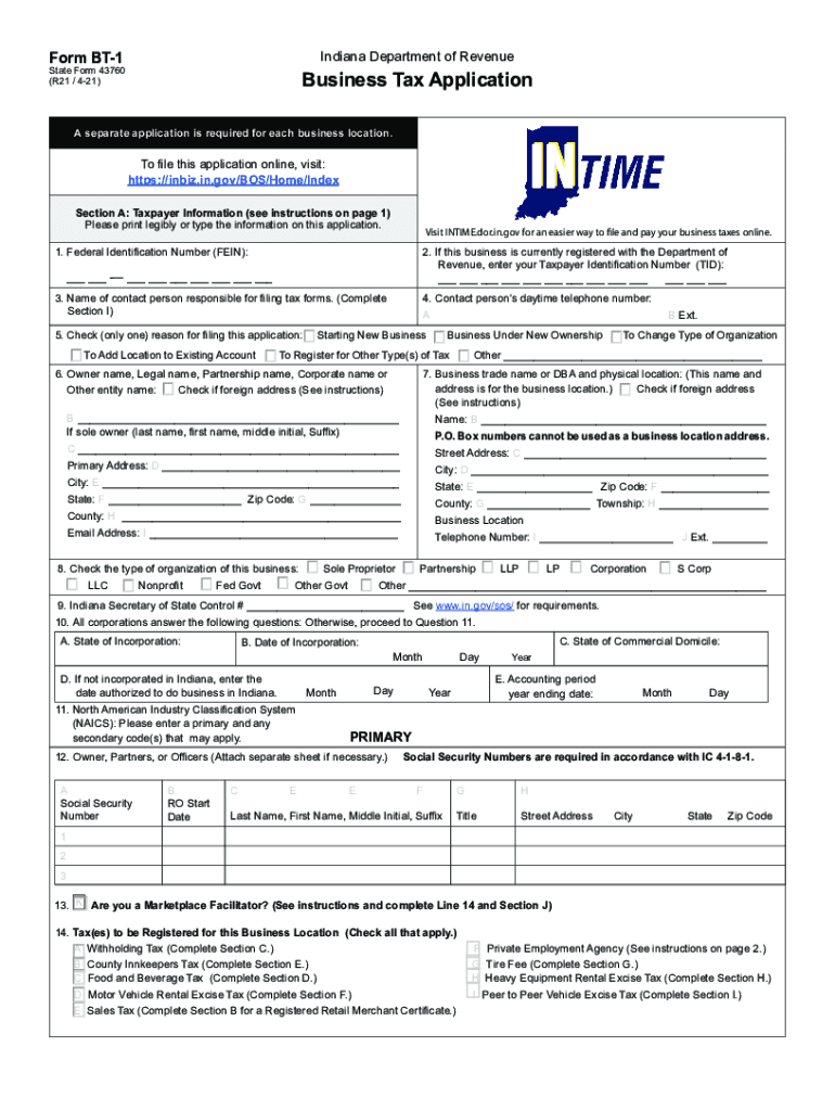 bt 1 business tax application Preview on Page 1.