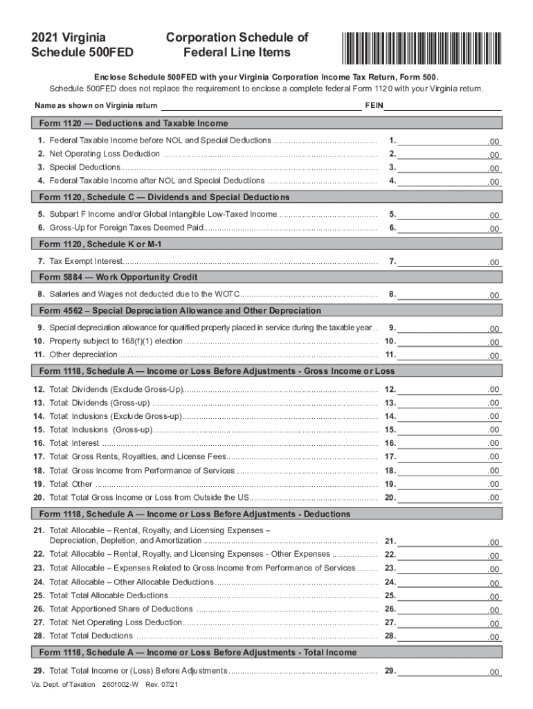 2021 Schedule 500FED - Corporation Schedule of Federal Line Items. Virginia Schedule 500FED - 2021 Corporation Schedule of Federal Line Items Preview on Page 1