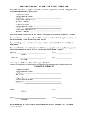 AGREEMENT FOR OFF-CAMPUS USE OF MSU EQUIPMENT