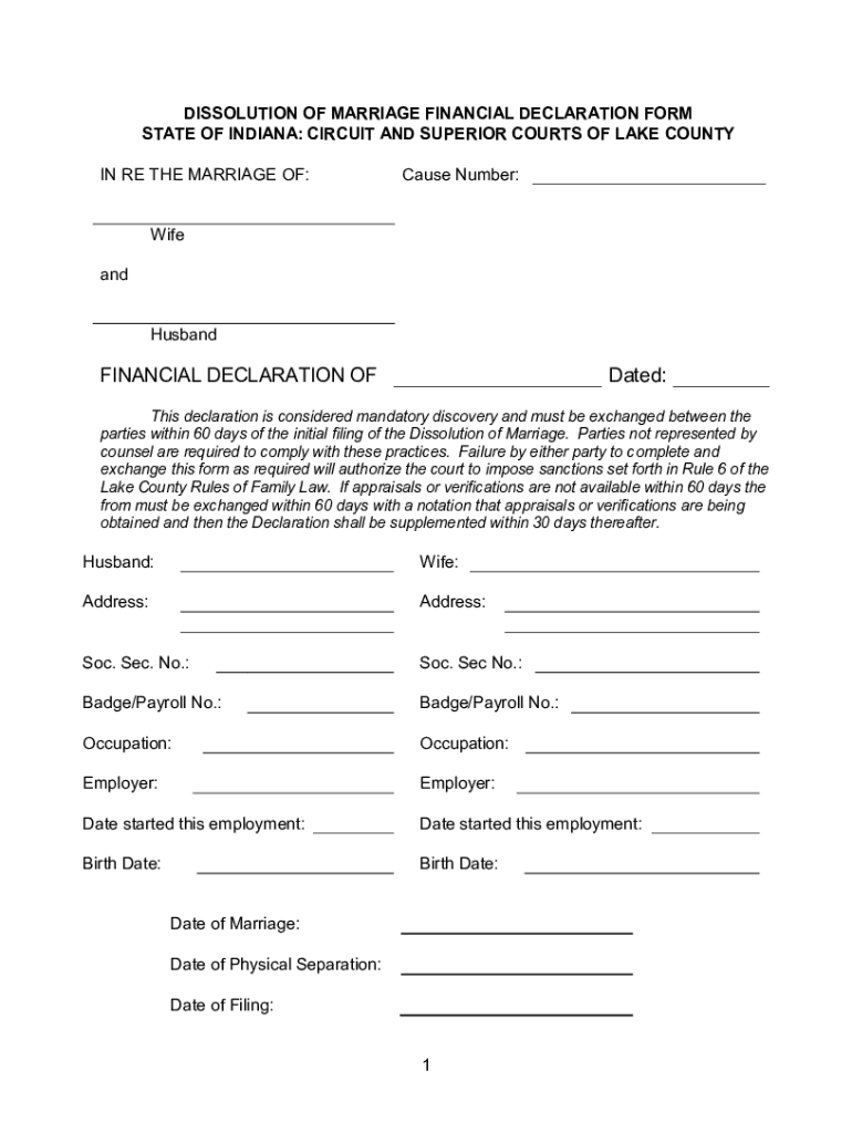 Fillable Online DISSOLUTION OF MARRIAGE: FINANCIAL DECLARATION FORM ...