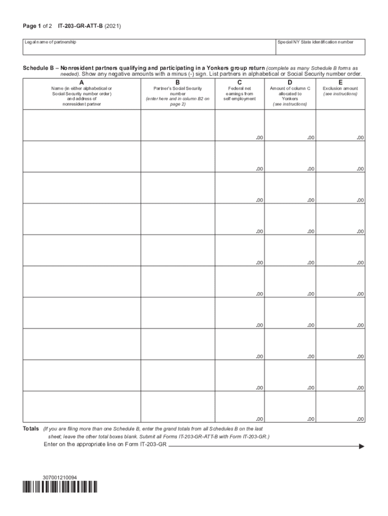 Form IT-203-GR-ATT-B Schedule B - Yonkers Group Return for Nonresident Partners Tax Year 2021 Preview on Page 1.