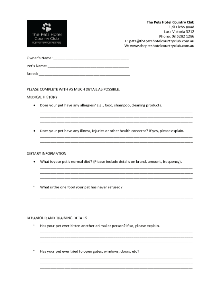 Fillable Online The Pets Hotel Country Club at 170 Elcho Road in Lara, VIC Fax Email Print