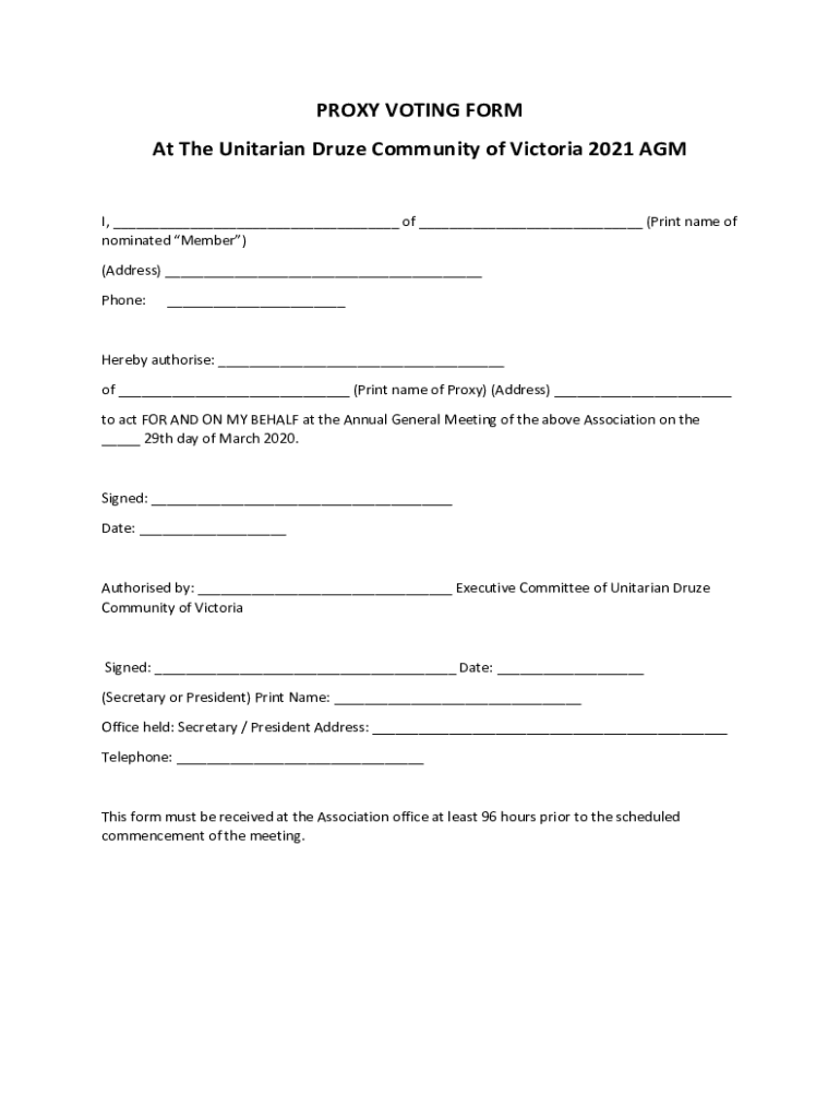 Fillable Online PROXY VOTING FORM At The Unitarian Druze Community of ... Fax Email Print ...