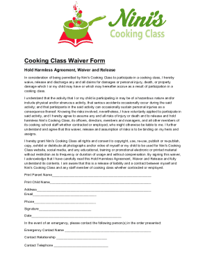 Adult Cooking Class Waiver Form