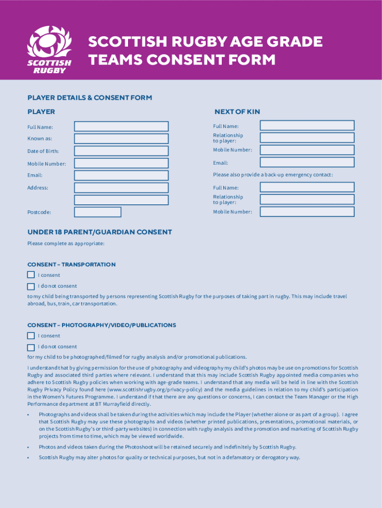 Fillable Online RUGBY AGE GRADE TEAMS CONSENT