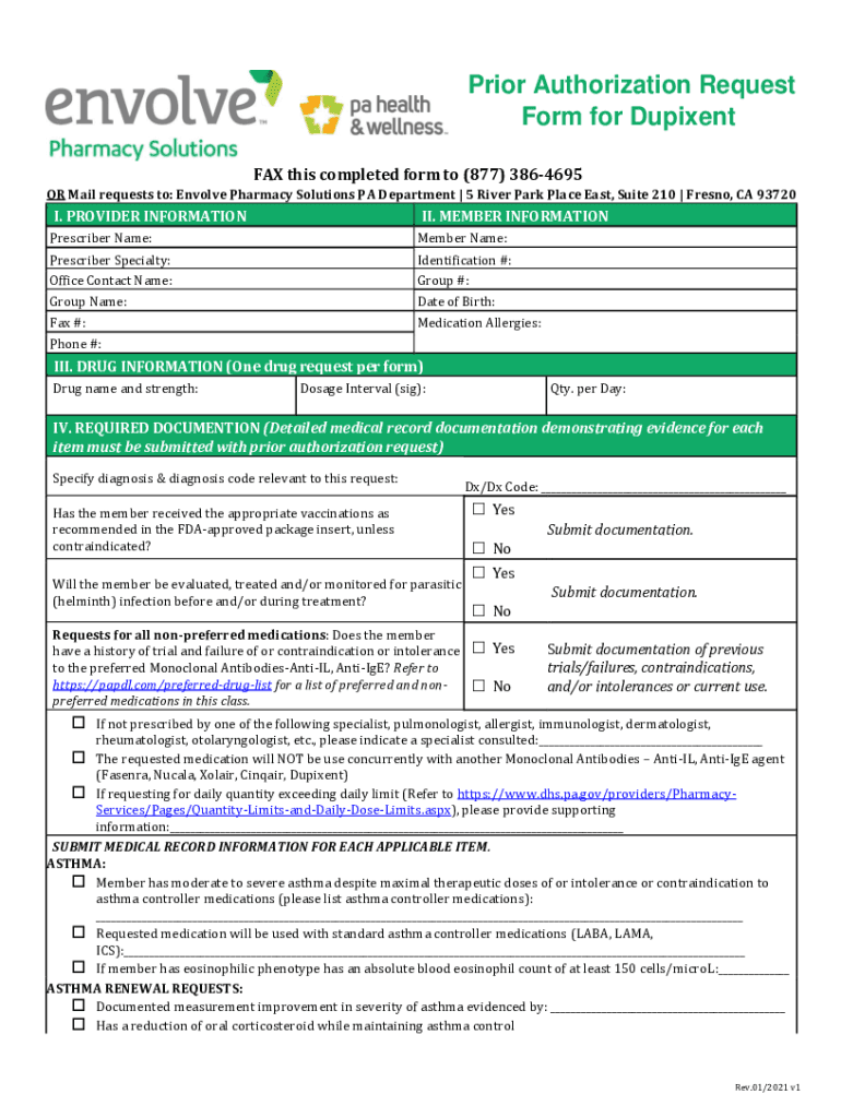 Fillable Online Prior Authorization Request Form for Dupixent Fax Email