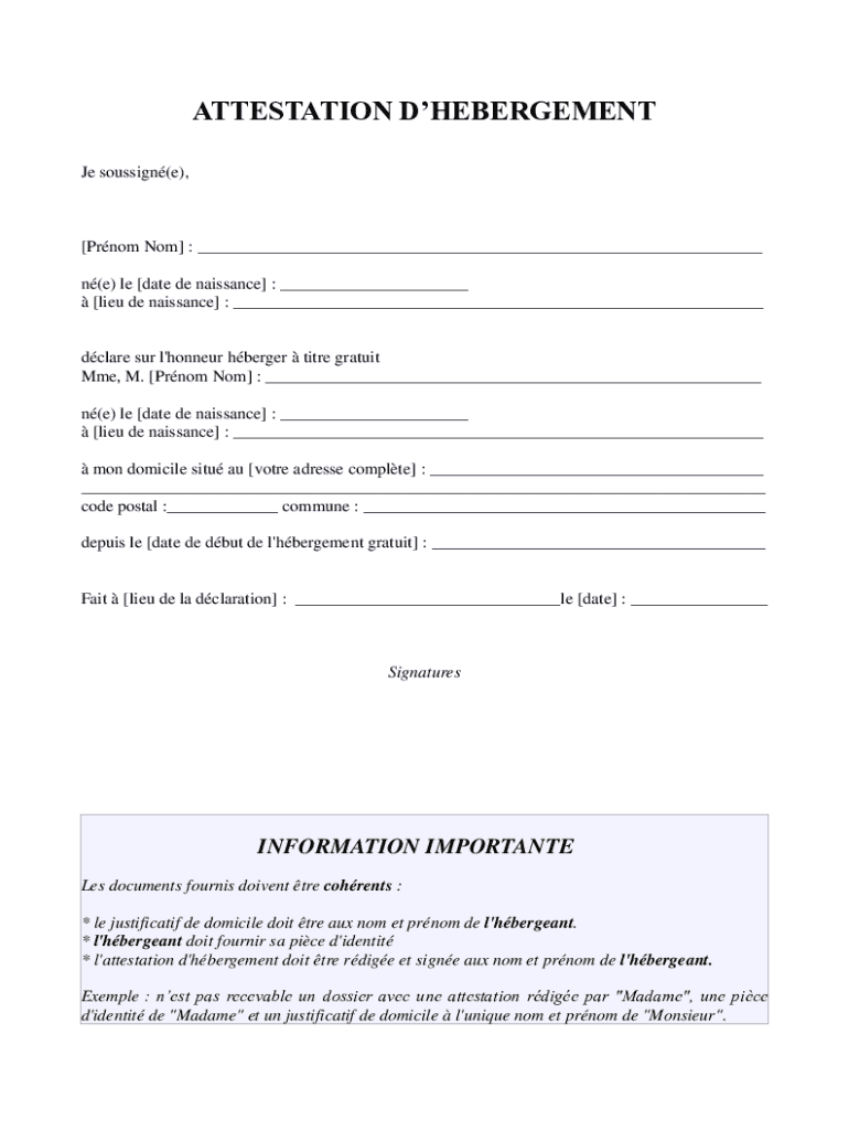 Attestation D'hbergement Word Je soussign(e) (prnom Preview on Page 1